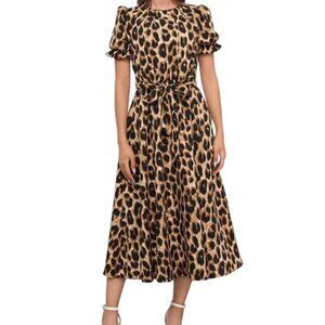 Leopard Lace-up Round Neck Puff A-line Dress